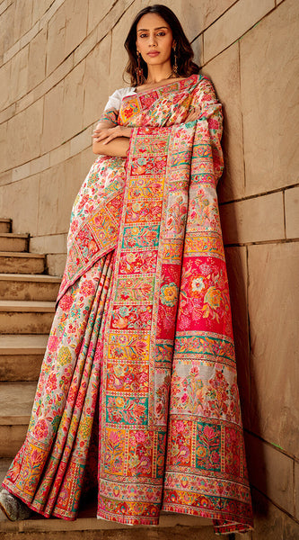 Elegant Beige Pashmina Saree With Adorning Blouse Piece