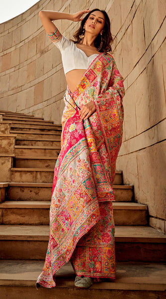 Elegant Beige Pashmina Saree With Adorning Blouse Piece