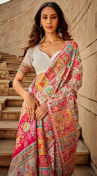 Elegant Beige Pashmina Saree With Adorning Blouse Piece