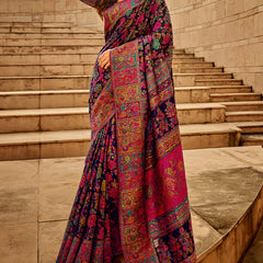 Invaluable Navy Blue Pashmina Saree With Intricate Blouse Piece