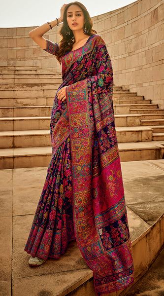 Invaluable Navy Blue Pashmina Saree With Intricate Blouse Piece