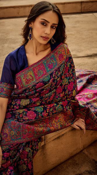Invaluable Navy Blue Pashmina Saree With Intricate Blouse Piece
