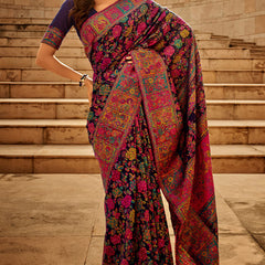Invaluable Navy Blue Pashmina Saree With Intricate Blouse Piece