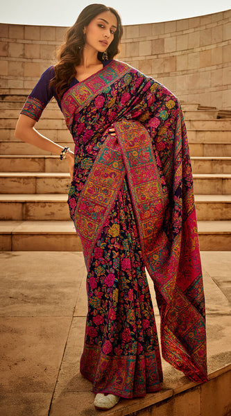 Invaluable Navy Blue Pashmina Saree With Intricate Blouse Piece