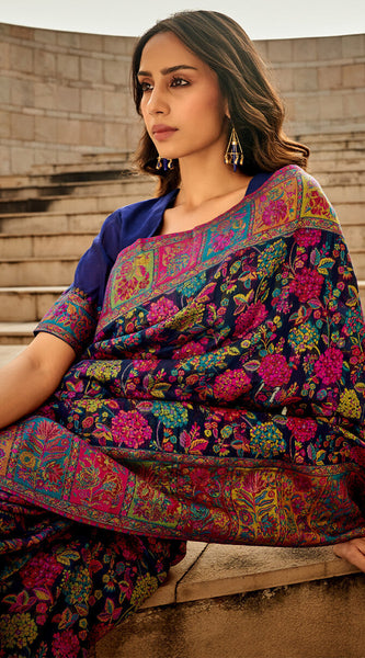 Invaluable Navy Blue Pashmina Saree With Intricate Blouse Piece