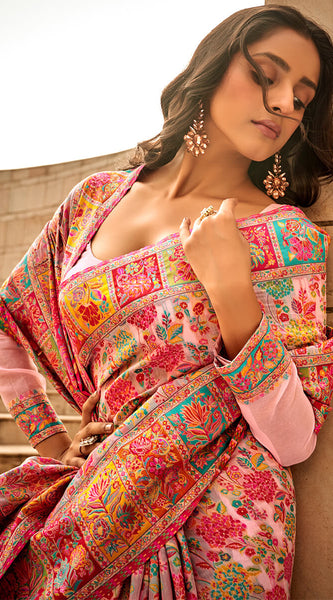 Adorable Pink Pashmina Saree With Exceptional Blouse Piece