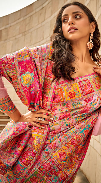 Adorable Pink Pashmina Saree With Exceptional Blouse Piece