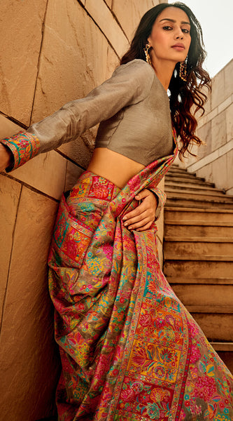 Pleasant Grey Pashmina Saree With Inspiring Blouse Piece
