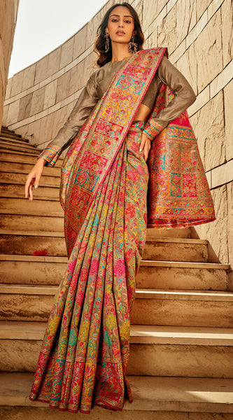 Pleasant Grey Pashmina Saree With Inspiring Blouse Piece
