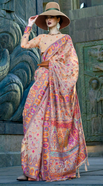 Bucolic Beige Pashmina Saree With Beauteous Blouse Piece