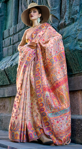 Bucolic Beige Pashmina Saree With Beauteous Blouse Piece
