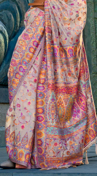 Bucolic Beige Pashmina Saree With Beauteous Blouse Piece