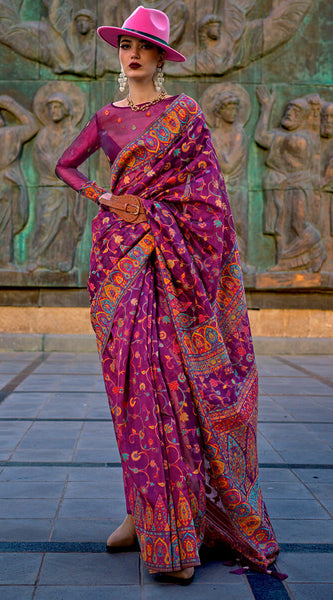 Prettiest Purple Pashmina Saree With Flamboyant Blouse Piece