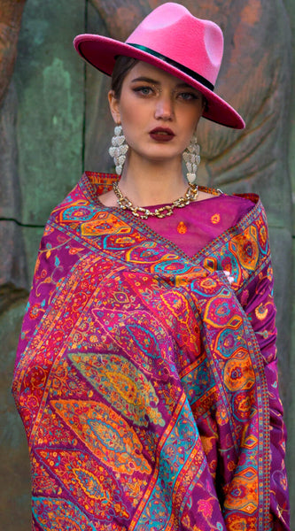 Prettiest Purple Pashmina Saree With Flamboyant Blouse Piece