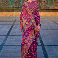 Prettiest Purple Pashmina Saree With Flamboyant Blouse Piece