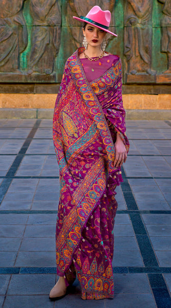 Prettiest Purple Pashmina Saree With Flamboyant Blouse Piece