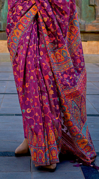 Prettiest Purple Pashmina Saree With Flamboyant Blouse Piece
