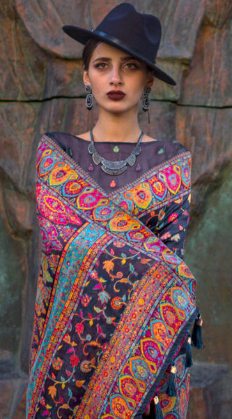 Designer Grey Pashmina Saree With Glowing Blouse Piece