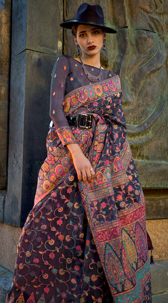 Designer Grey Pashmina Saree With Glowing Blouse Piece