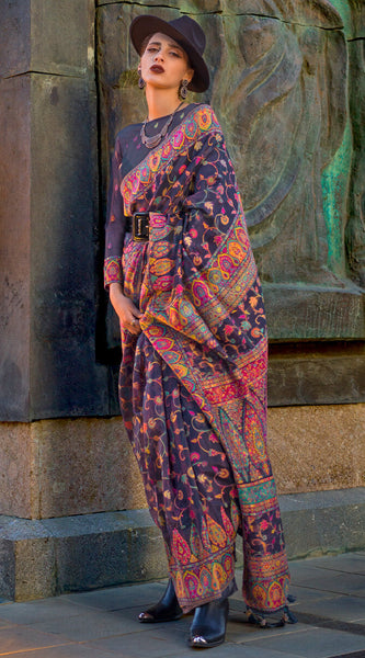 Designer Grey Pashmina Saree With Glowing Blouse Piece