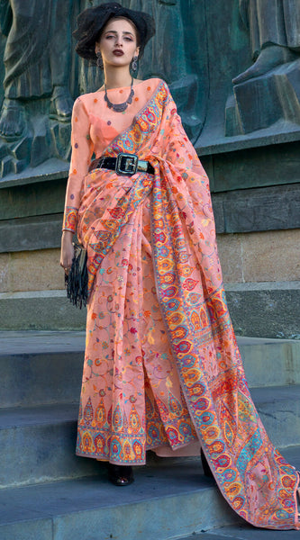 Stylish Peach Pashmina Saree With Sensational Blouse Piece