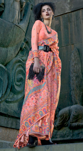 Stylish Peach Pashmina Saree With Sensational Blouse Piece