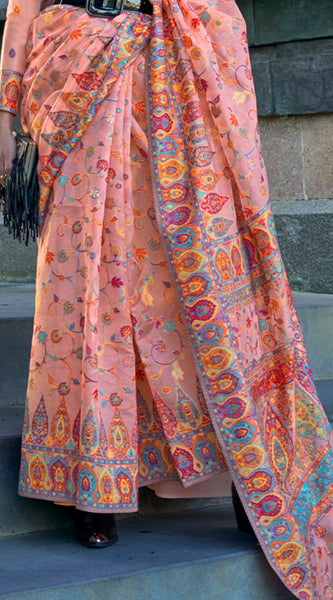 Stylish Peach Pashmina Saree With Sensational Blouse Piece