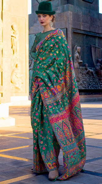 Precious Green Pashmina Saree With Flattering Blouse Piece