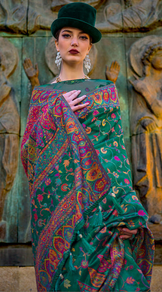 Precious Green Pashmina Saree With Flattering Blouse Piece