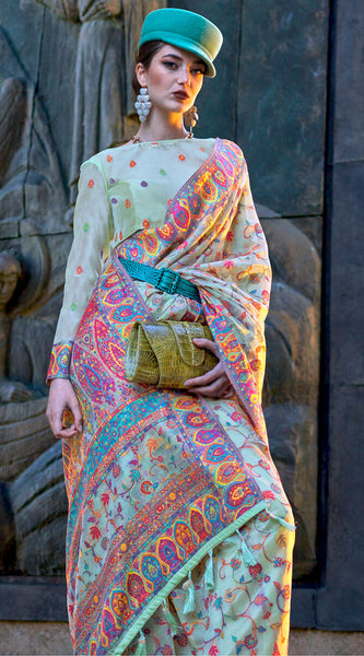 Opulent Sky Pashmina Saree With Preferable Blouse Piece
