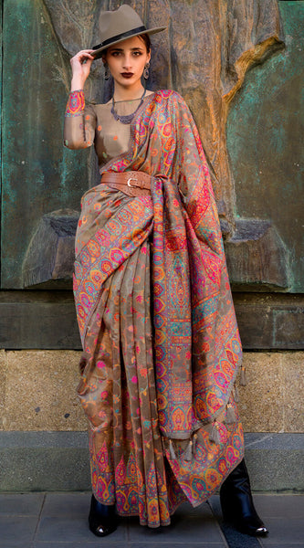 Inspiring Brown Pashmina Saree With Fairytale Blouse Piece