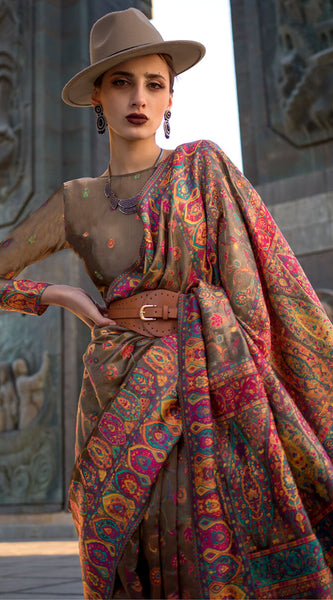 Inspiring Brown Pashmina Saree With Fairytale Blouse Piece