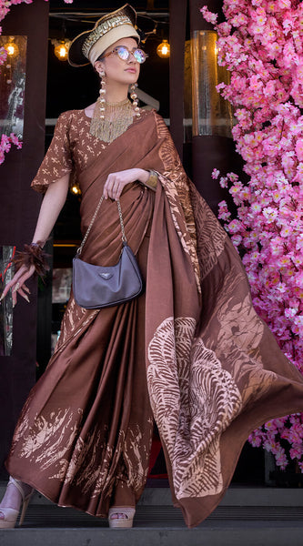 Stunning Brown Digital Printed Satin Silk Saree With Extraordinary Blouse Piece