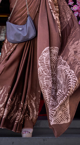 Stunning Brown Digital Printed Satin Silk Saree With Extraordinary Blouse Piece
