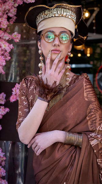 Stunning Brown Digital Printed Satin Silk Saree With Extraordinary Blouse Piece
