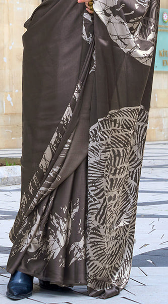 Stylish Dark Brown Digital Printed Satin Silk Saree With Staring Blouse Piece