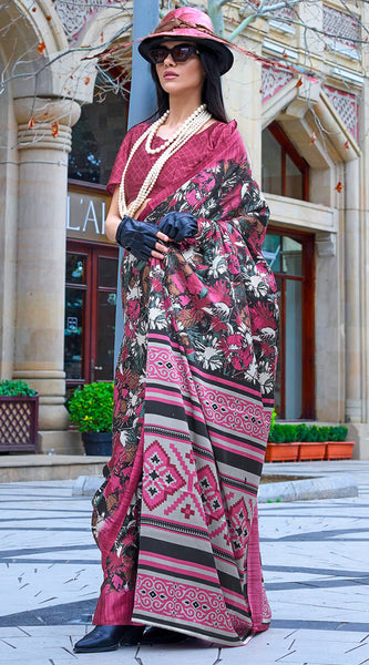 Desiring Magenta Digital Printed Satin Silk Saree With Opulent Blouse Piece