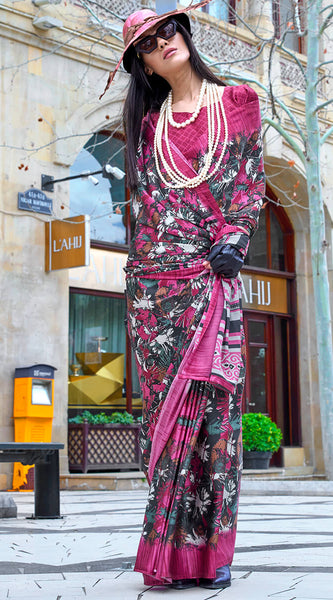 Desiring Magenta Digital Printed Satin Silk Saree With Opulent Blouse Piece