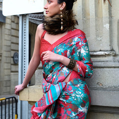 Desirable Firozi Digital Printed Satin Silk Saree With Adoring Blouse Piece
