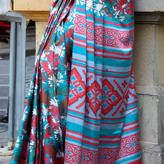 Desirable Firozi Digital Printed Satin Silk Saree With Adoring Blouse Piece