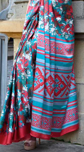 Desirable Firozi Digital Printed Satin Silk Saree With Adoring Blouse Piece