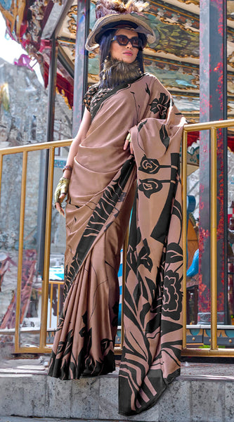 Demesne Brown Digital Printed Satin Silk Saree With Serendipity Blouse Piece