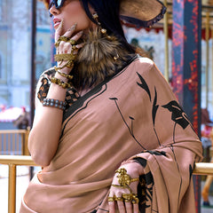 Demesne Brown Digital Printed Satin Silk Saree With Serendipity Blouse Piece