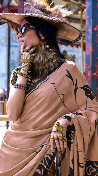 Demesne Brown Digital Printed Satin Silk Saree With Serendipity Blouse Piece