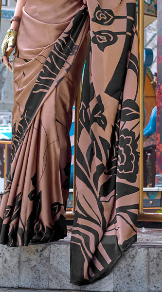 Demesne Brown Digital Printed Satin Silk Saree With Serendipity Blouse Piece