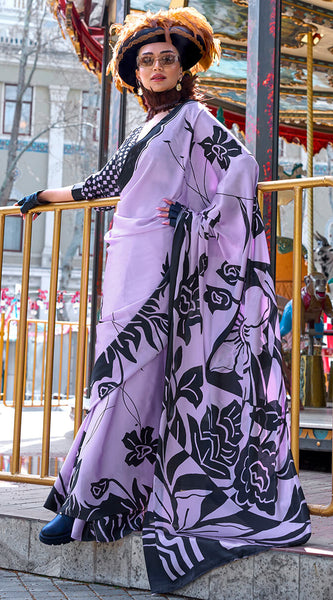 Elaborate Lavender Digital Printed Satin Silk Saree With Pulsating Blouse Piece