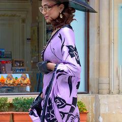 Elaborate Lavender Digital Printed Satin Silk Saree With Pulsating Blouse Piece