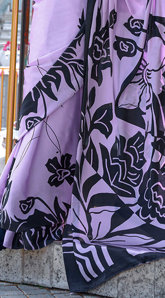Elaborate Lavender Digital Printed Satin Silk Saree With Pulsating Blouse Piece