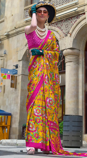 Rhapsodic Yellow Digital Printed Satin Silk Saree With Opulent Blouse Piece