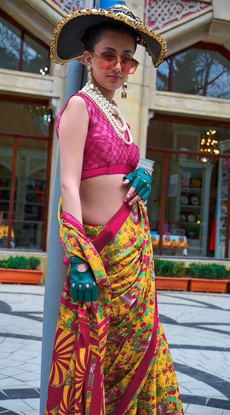 Rhapsodic Yellow Digital Printed Satin Silk Saree With Opulent Blouse Piece